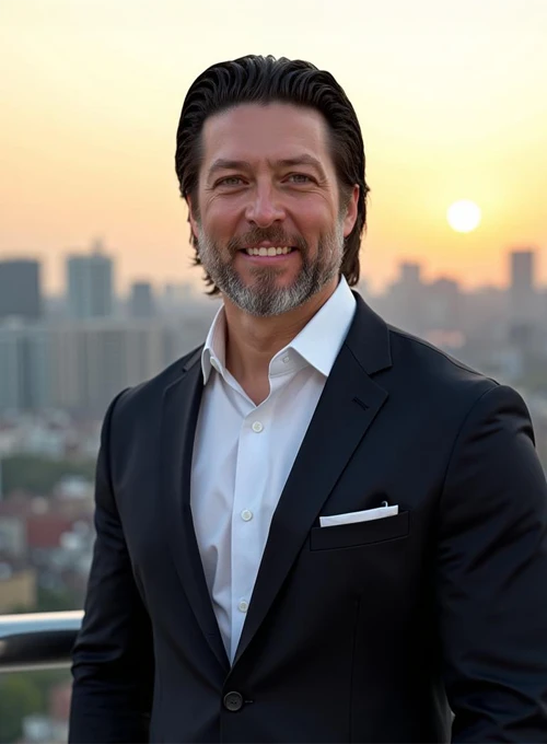 A professional photo of Dr. Thomas McKay Jr. wearing a suit and standing on a balcony with the city in the background