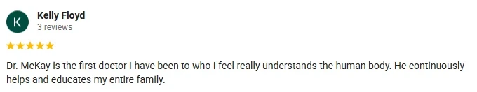 A 5-star Google review of Sandhills Alternative Healthcare praising the education they receive at the clinic